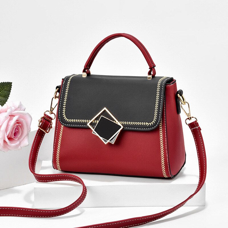 Women Color Block Handbag Adjustable Strap Crossbody with Handle Shoulder Bag: Burgundy