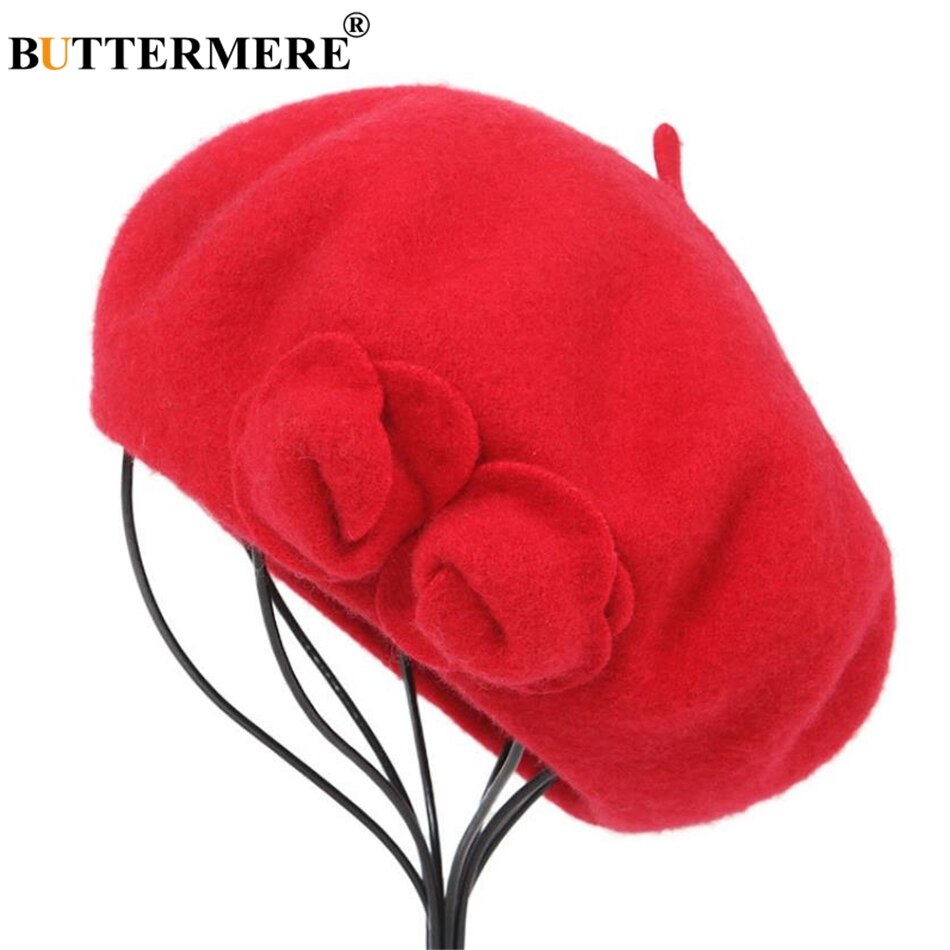 Buttermere uld baret fransk hue vinterhatte til kvinder blomst rød flad kasket dame pige baretter kvindelig knogle tocas malerhat