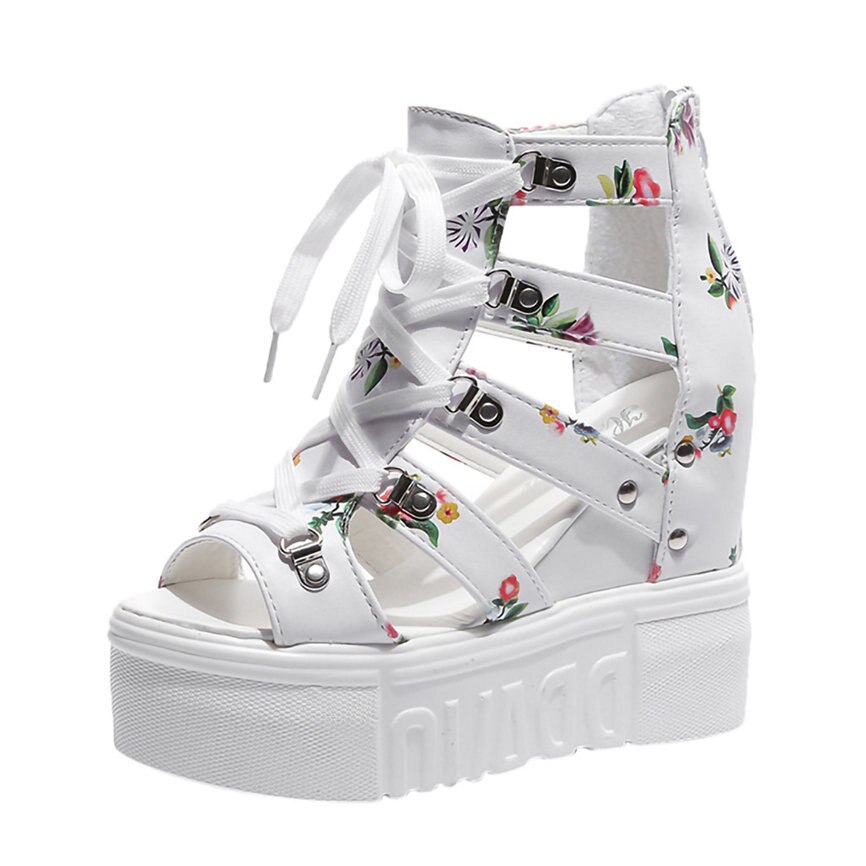 JAYCOSIN Vrouwen Schoenen Zomer Wig Sandalen Hoge Hak Bloem Kruis Bandjes Mode Romeinse Sandalen Casual Stijl Sandalen jun4: White / 6.5