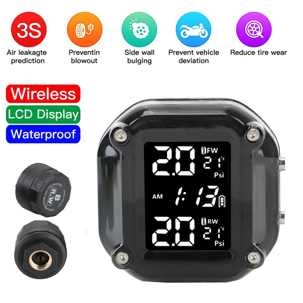 Motorcycle TPMS With 2 External Sensors Wireless LCD Display Tyre Temperature Motor Tire Pressure Monitoring Alarm System
