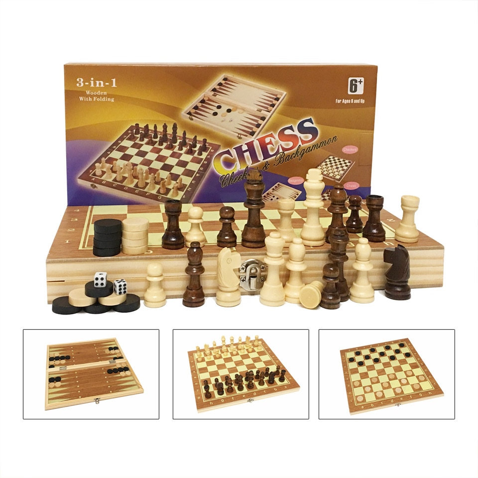 3 in 1 træ skak sæt brikker backgammon rejser træ skak spil skak brikker foldbare skakbræt kladder  i3