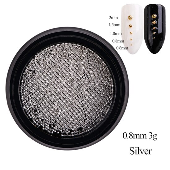 1 boîte de perles en acier Mini Caviar décoration d'ongle 0.6/0.8/1/1. 5/2mm point rond gris Rose or argent poussière Nail Art bricolage vernis à ongles CH031-1: Silver 0.8mm