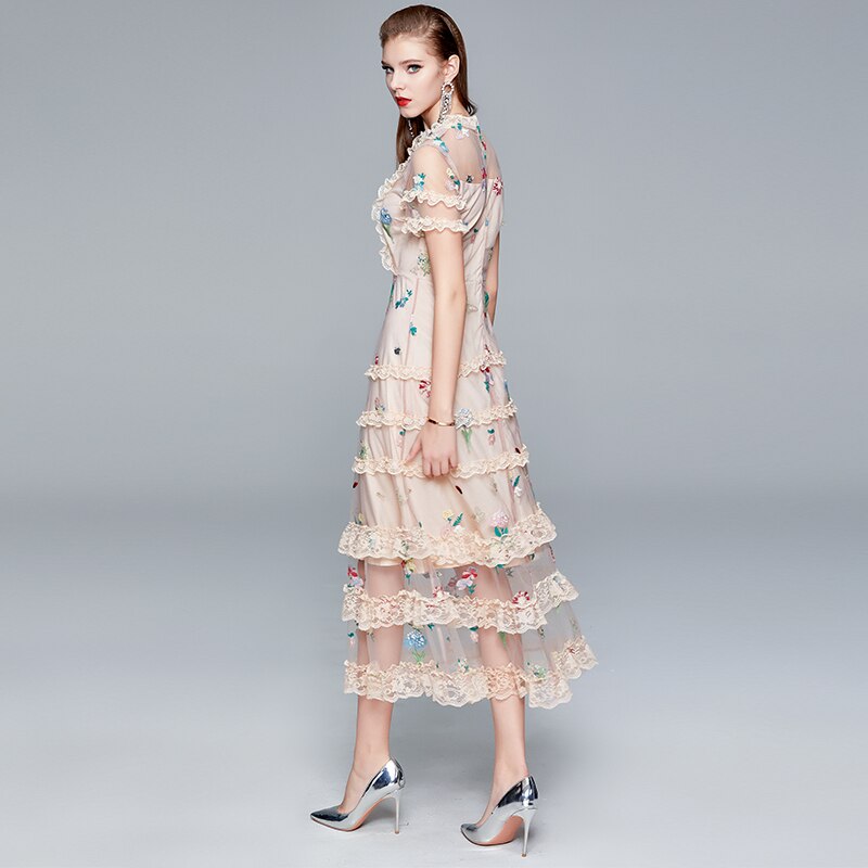 Midi Lace Patchwork Female Long Dress Floral Embroidery Mesh Runway Party Dresses Women Summer Robes TA9905
