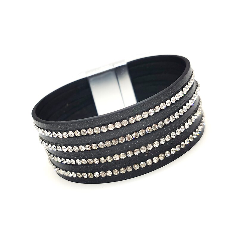 Totabc Black Crystal Lederen Armbanden Voor Vrouwen Strips Boho Multilayer Wide Wrap Armband Sieraden: Default Title