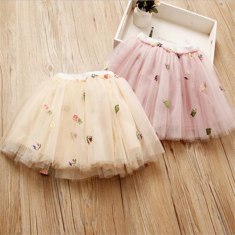 Babymeisjes bloemen borduurwerk tule tutu rokken meisje beige roze effen kleur rok kinderkleding