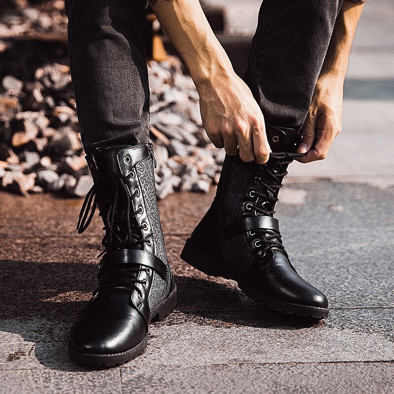 Bottes Punk rétro mi-carf pour hommes, bottes de moto en velours, chaussures d&#39;outillage assorties avec tout, bottes militaires en Denim, collection hiver