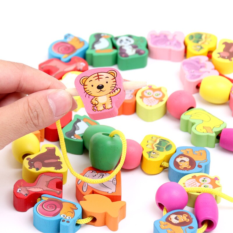 50/55 stk / sæt træ baby diy legetøj perler tegneserie frugt dyr snor trådning perler spil uddannelse legetøj til børn børn