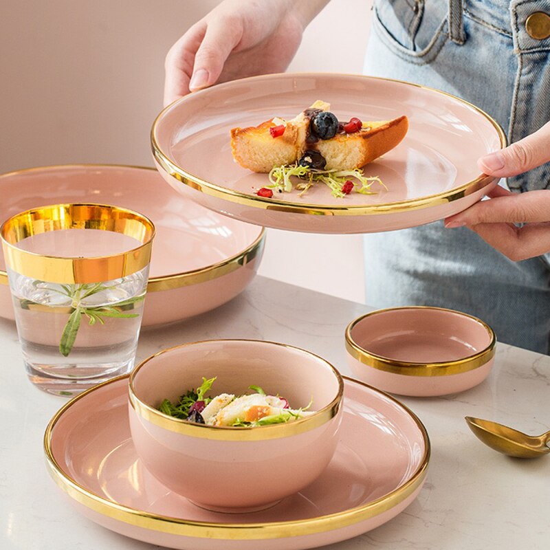 Pink Ceramic Dinner Plates Dishes Tableware Set Cake Food Plates Salad Soup Bowl Dinnerware Set for Restaurant Hotel
