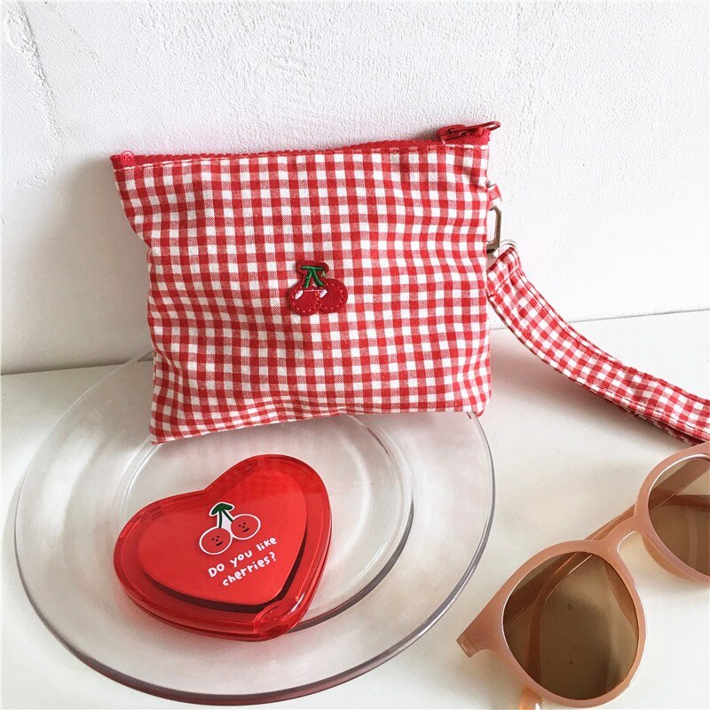 Purdored 1 pc kirsebærrød plaid makeup taske unge piger sød lynlås kosmetik taske mini kvinder skønhed taske rejse make up taske
