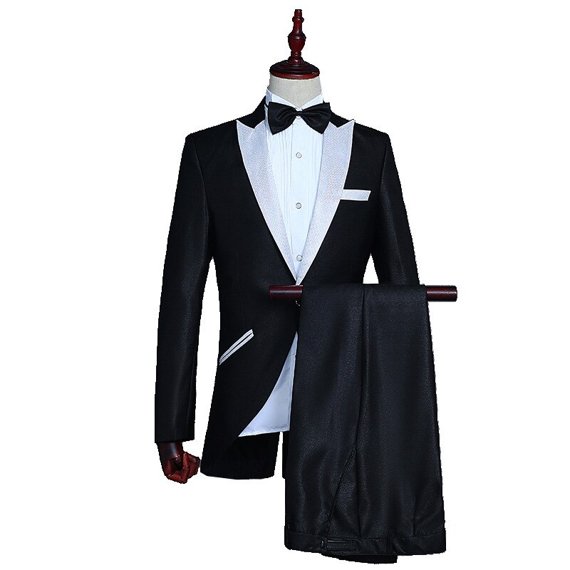 Black Tailcoat Suit Men Wedding Groom Prom Tuxedo Suits Men Party Nightclub 2 Piece Suit (Jacket+Pants) Stage Singer Costumes: white collar / L
