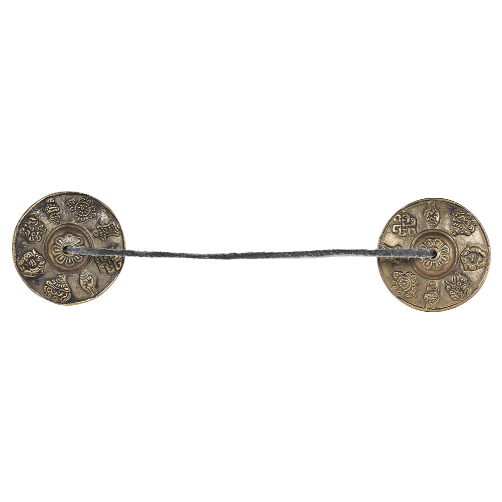 Campana de platillo Tingsha de meditación tibetana hecha a mano, 2.6 pulgadas/6,5 cm, con los ocho símbolos favorecedores budistas