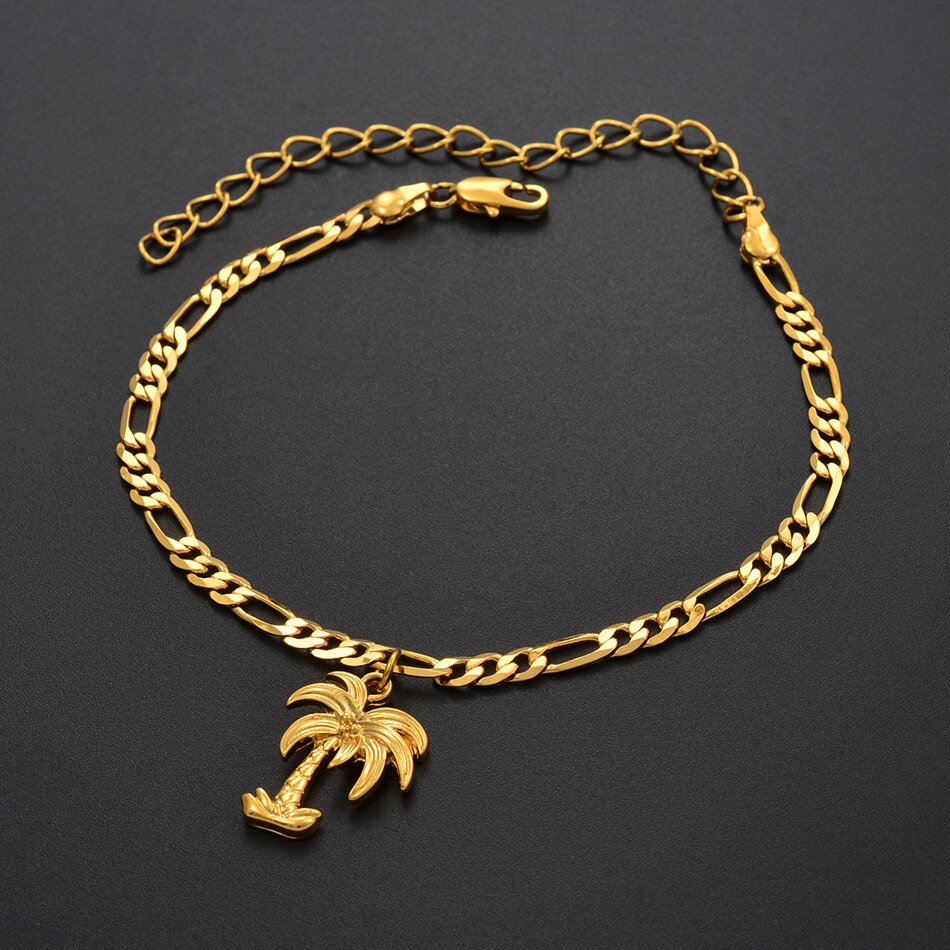 Anniyo Coconut Tree Anklets Gold Color Jewelry Plant Charm Palm Foot Chains for Women Mom Wedding and Party #214806