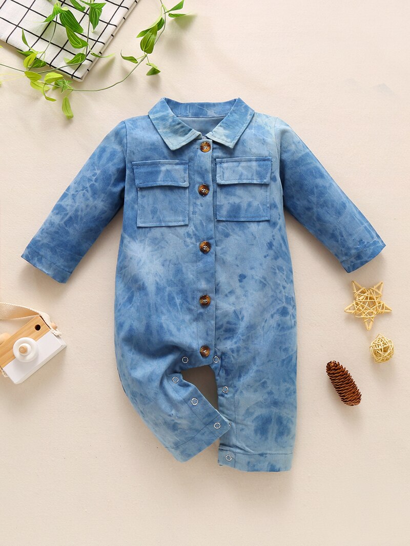 Wallarenear 0-24M Pasgeboren Baby Jongen Meisje Herfst Bodysuit Denim Revers Lange-Mouwen Knop Open Jumpsuit Met zakken