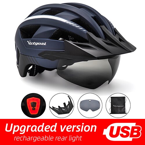 Victgoal Bicycle Helmet LED Moutain Road USB Rechargeable Light Cycling Helmet For Man Sun Visor Goggles Men MTB Bike Headgear: Navy USB LED