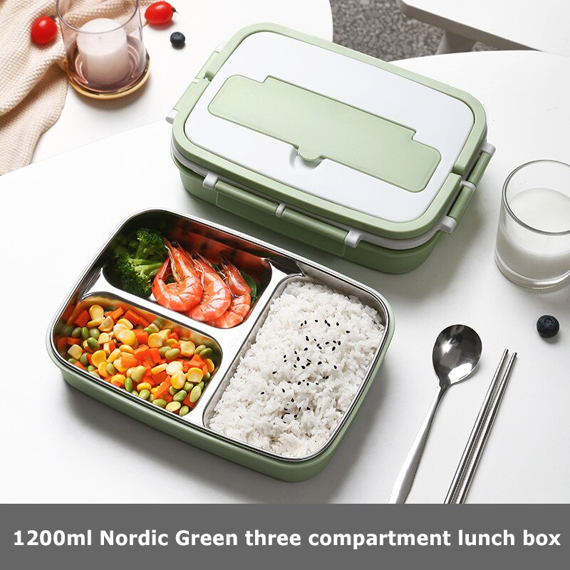 Draagbare Lunch Box Rvs Bento Box Met Servies 3/4 Compartiment Voedsel Container Lekvrije Lunchbox Voor School Office: 3 Grid Green