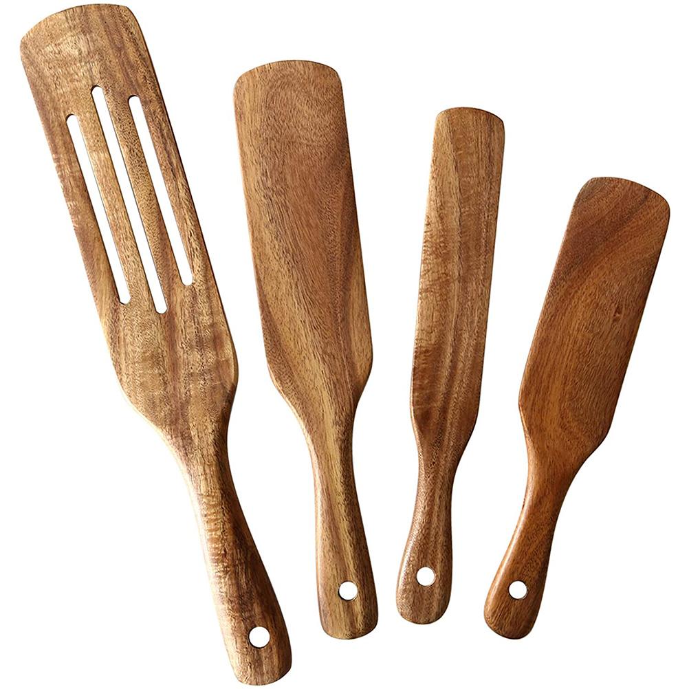 Wooden Cooking Utensils Slotted Spurtle Spatula Sets Non Stick Kitchen Tableware Non Stick Natural Teak Wood Cookware Set: Default Title