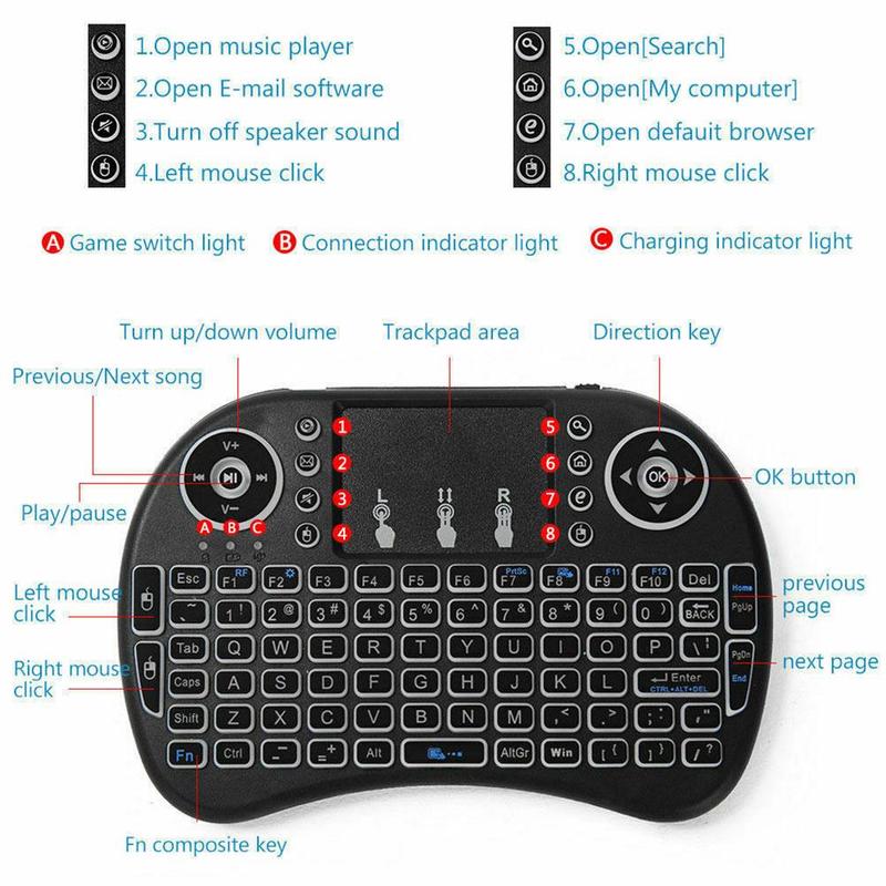 I8 Mini Backlit Draadloos Toetsenbord 2.4Ghz Wireless Touch Computer Toetsenbord Afstandsbediening Wit Zwart Toetsenbord