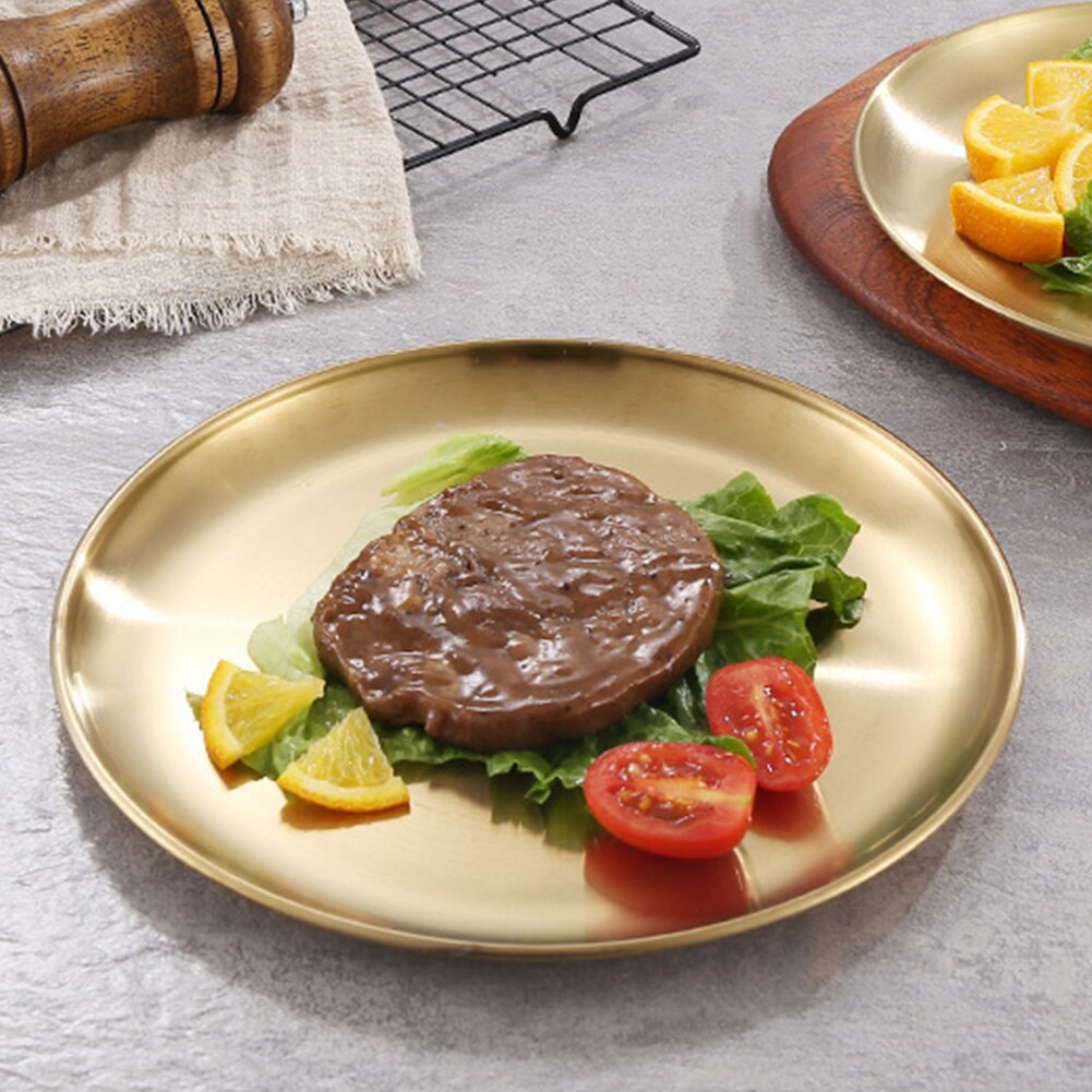 Kids Kitchen Dishwasher Safe Dessert Feeding Dish Picnic Tableware Round Dinner Plate Stainless Steel Food Tray For Serving: Gold / 20cm