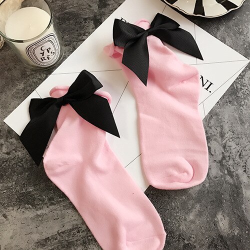 Winter Autumn Spring Sweet Curl Cotton After The Heel Ribbon Big Bow Short Socks Wild Chaussette Female Herring Ankle Socks: Bow Socks pink black