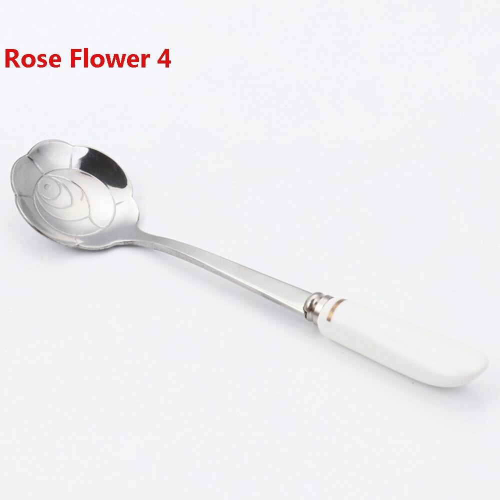 Cherry Blossom Rose Flower Spoon Gold Silk Ceramic Handle Sweet Spoons Gold-plated Coffee Stirring Spoon Tableware: Rose Flower 4