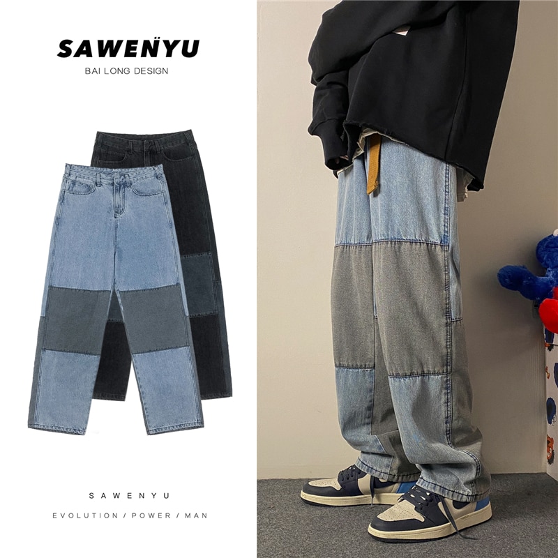 Jean Patchwork en Denim pour homme, pantalon noir et bleu, coupe décontractée, style Hip Hop, Baggy, droit, ample