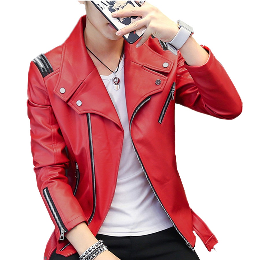 Classic Mens PU Leather Jacket Red White Black Fall Winter Slim Male Faux Leather Motorcycle Coats