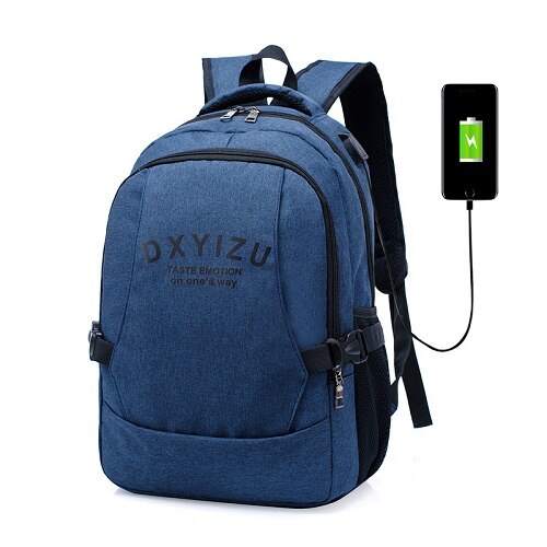 Mochila de carga USB para hombre, bolsa para ordenador portátil decorada con letras, escolar, de viaje, gran capacidad,: Azul