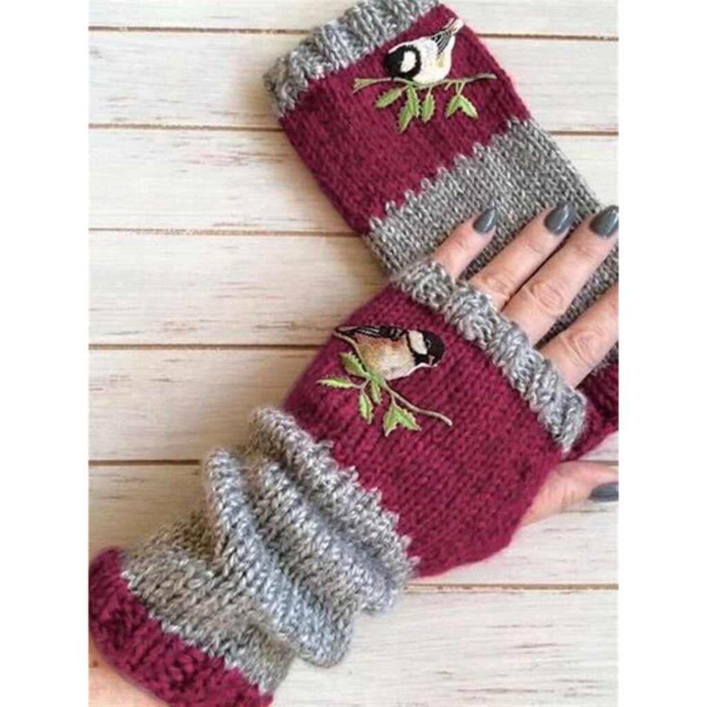 Women's Embroidered Fingerless Gloves Knitting Gloves Opera Little Bird Warm Glove Multicolor Winter Mittens for lady рукавиці: Burgundy