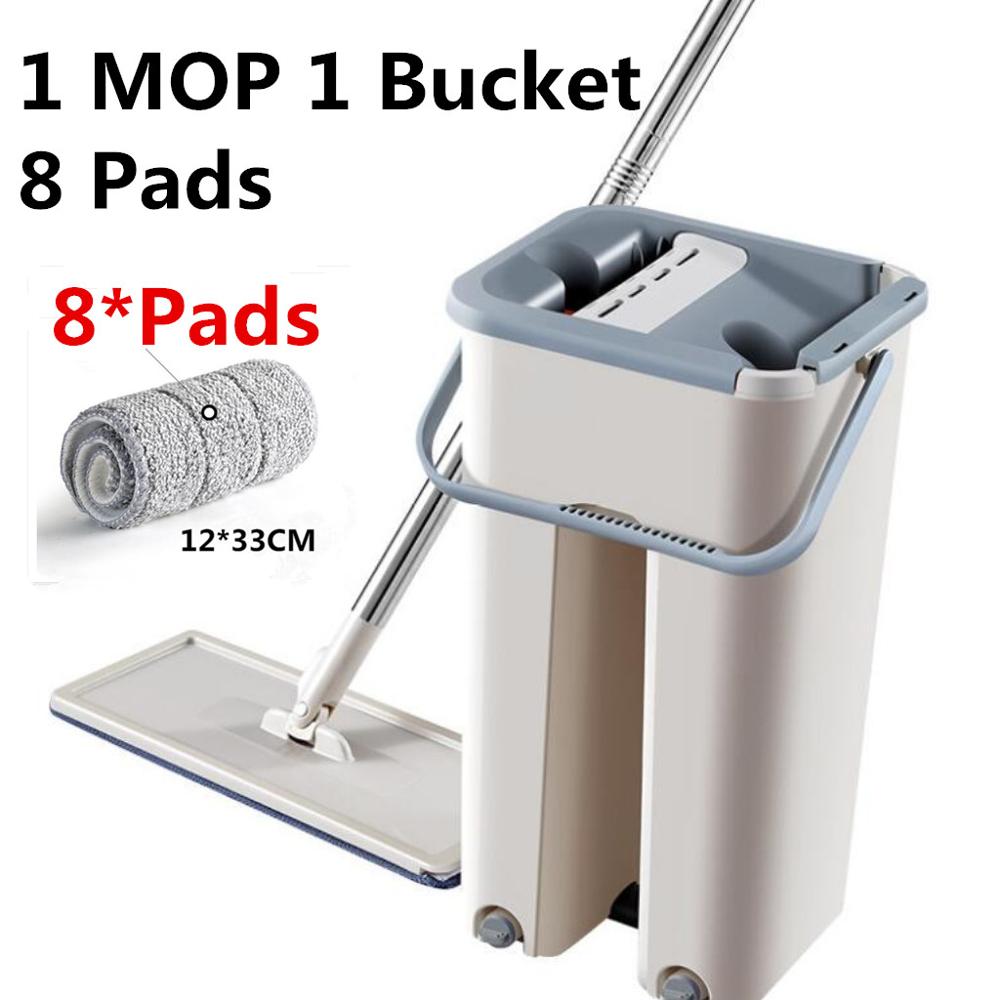 Flat Squeeze Mop and Bucket Hand Free Wringing Floor Cleaning Mop Microfiber Mop Pads Wet or Dry Usage on Hardwood Laminate Tile: 1 Mop 8 Pads