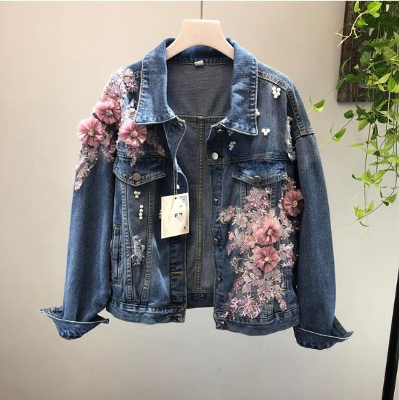 Frühling Herbst Jeans Jacke Mantel Frau Neue Heavy Stereo Rosa Blume Bestickt Loch Denim Jacken Frauen Basic Mäntel: pink flower / S