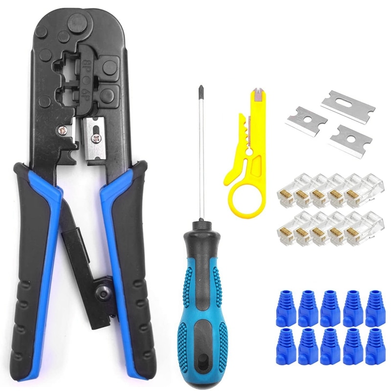 Crimping Tool, 8P/Rj-45 & 6P/Rj-12, Rj-11 Crimp, Cut, Strip Tool with Connectors,Network Wire Stripper and Space Blades
