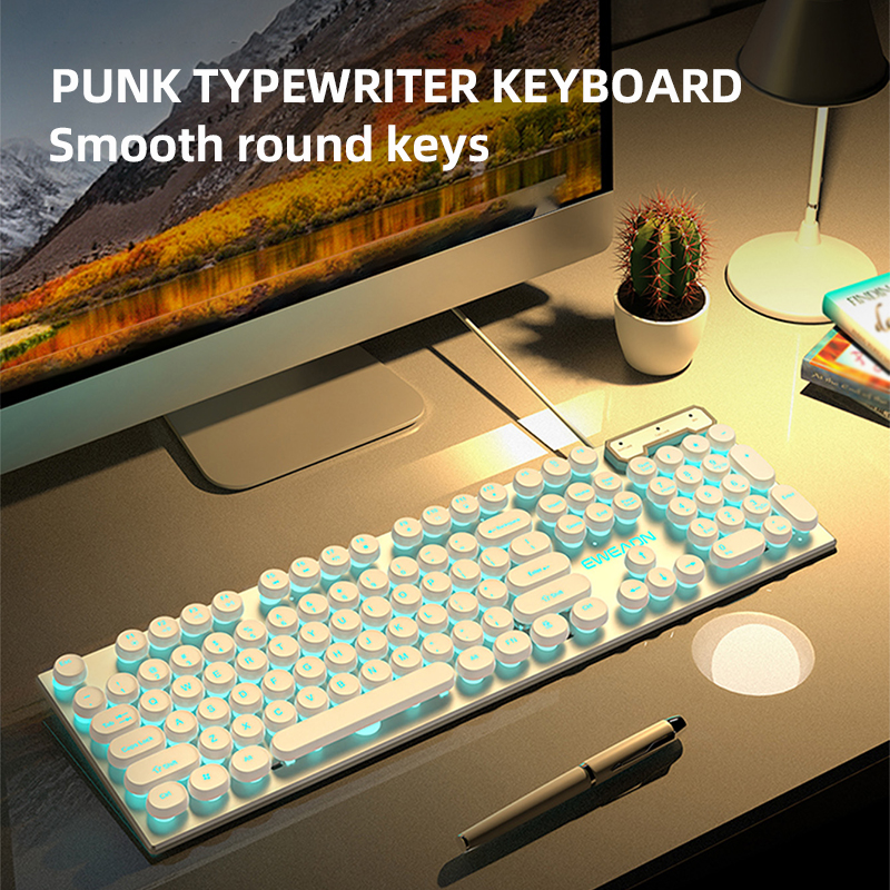 EWEADN GX330 Typewriter Gaming Keyboard, 104 Keys Wired Retro Punk Round Keycaps, with RGB Backlit, for Windows Laptop PC black: WHITE