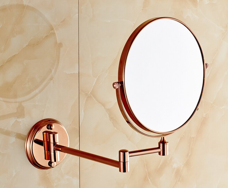 Badeværelse forstørrelses makeup spejl, udtrækkelig foldearm, dobbeltsidet 3x forstørrelse forfængelighed runde spejle, rosa guldfarve