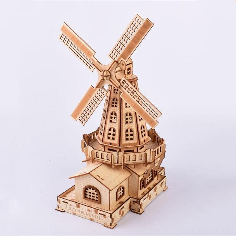 Woodcraft assembly kit puzzles educational games DIY Dutch windmill 3d wooded puzzles for kids Adult Christmas birthday