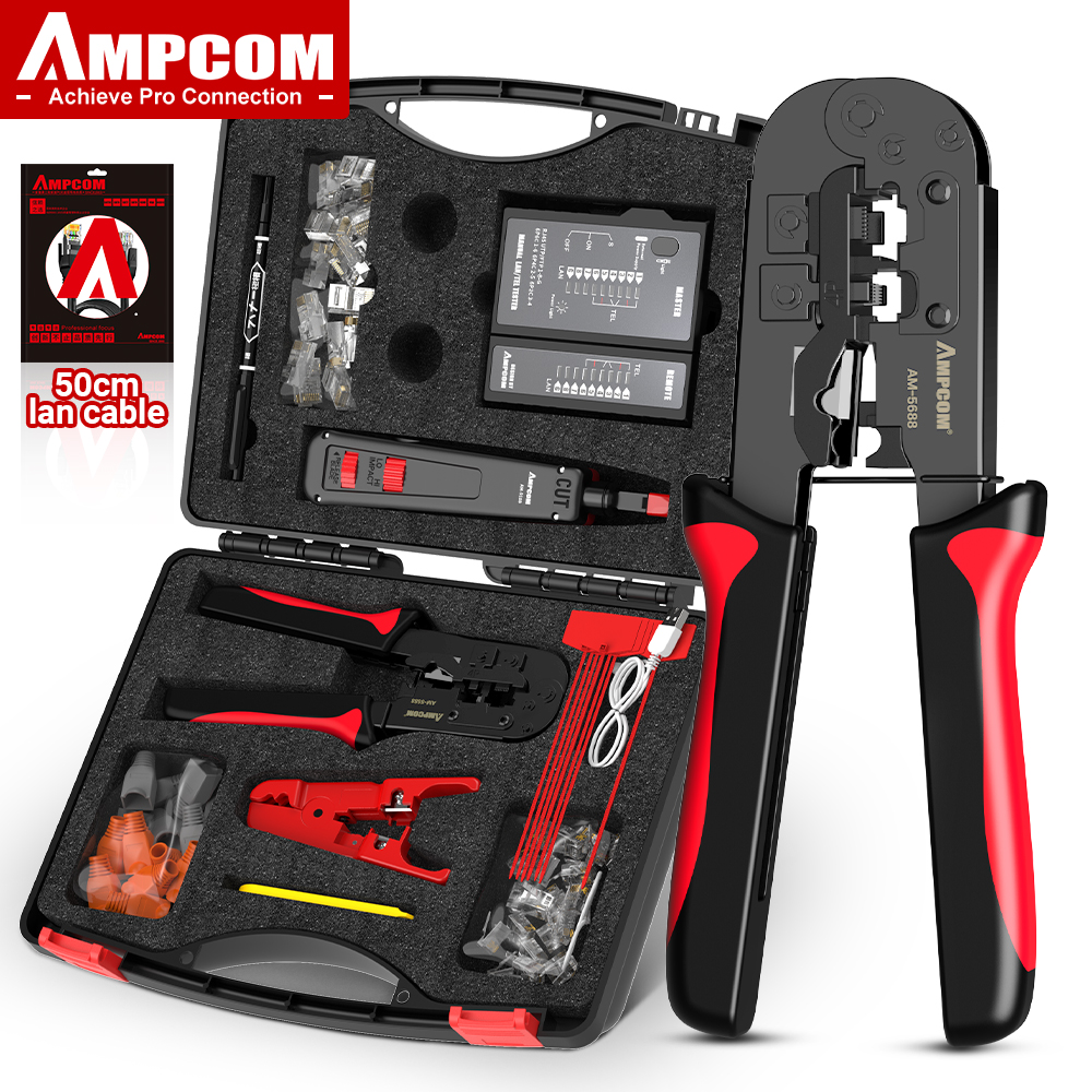 AMPCOM RJ45 Crimper Lan Tester Tool Set Ethernet Cable Stripper Punch Down Tool rj 45 rj11 Connectors 12 in 1 Cabling Repair Set: black