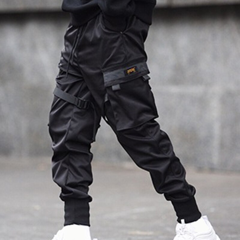 Fahsion Men Ribbons Color Block Black Pockets Cargo Pants Harem Joggers Harajuku Sweatpant Hip Hop Trousers