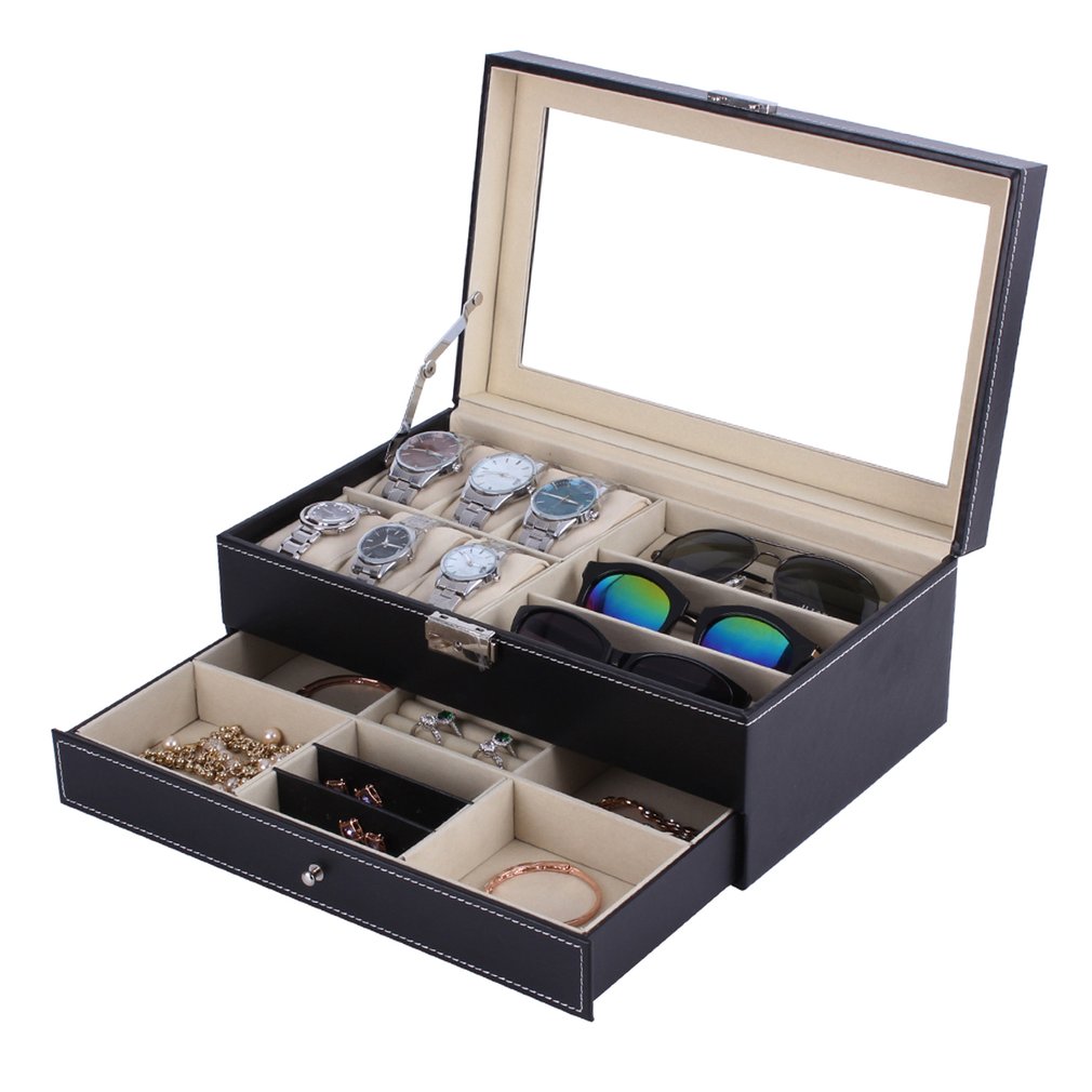Multifunctional Double Layers Wooden Jewelry Watch Storage Box Sunglasses Watch Display Slot Case Box Container