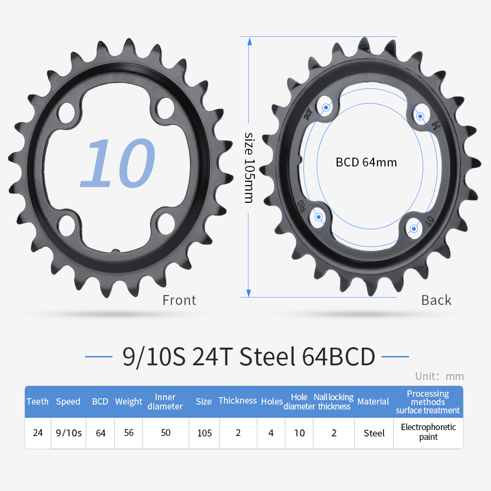 PROWHEEL-plato redondo para bicicleta de montaña, rueda dentada de aleación de acero, 64/96/104BCD, 22T, 24T, 30T, 32T, 40T, 42T, 44T: 10S 24T Steel 64BCD