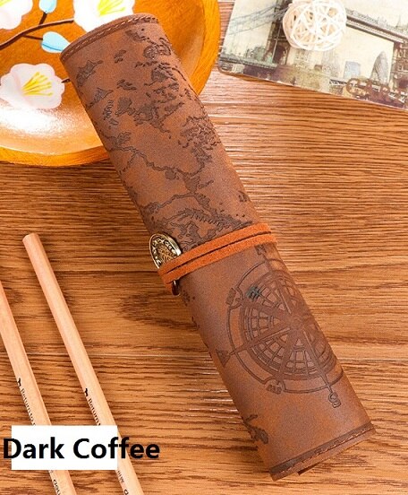 Mariyana etui retro schatkaart etui vintage luxe oprolbaar zakje leren pu etui schrijfwaren: Donkere koffie