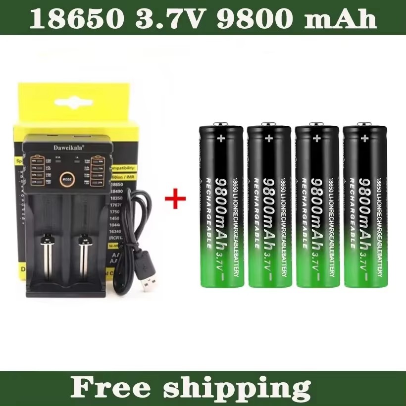 18650 Battery 3.7V 9800mAh Rechargeable Li-ion Battery with Charger - for Flashlight/Torch, Long-Lasting P: Beige