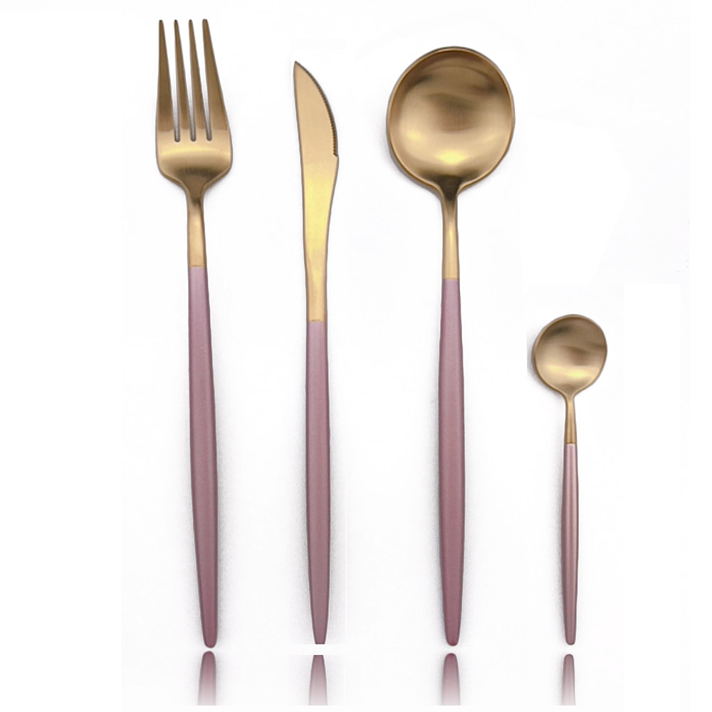 8 stk royal gylden rustfrit stål bestik bestik sæt sort spisestel bordservice sæt knive gafler kaffeskeer: Lyserødt guld