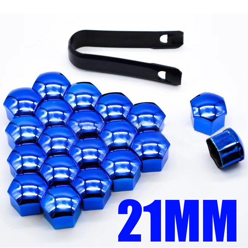 20pcs/set 17/19/21mm Universal Wheel Nut Bolt Cover Cap Exterior Decoration Protecting Bolt + Removal Tool Red/Blue: blue 21MM