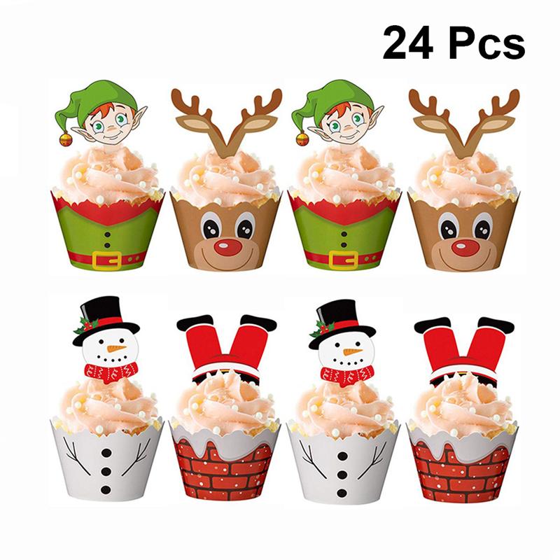 24Pcs Kerst Cake Wrappers Cake Toppers Decoratie Cupcake Wrappers En Cake Picks Set (12 Wikkels + 12 Toppers)