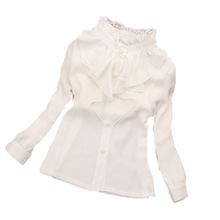 nueva ropa de primavera otoño para niños algodón cuello alto camisa de manga larga blanca encaje decoración blusas para niñas AA1589