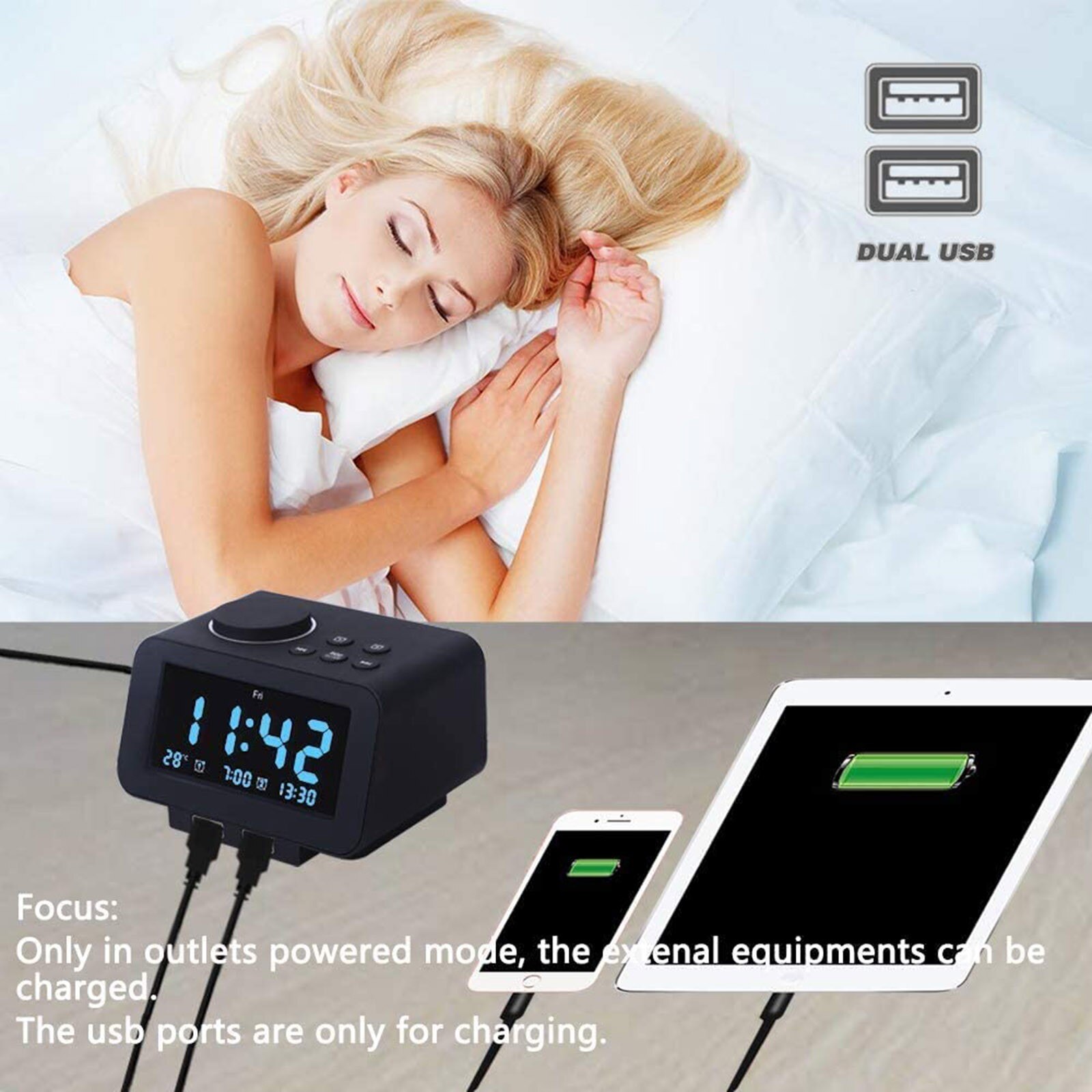 Alarm Clock Radio FM Radio Dual USB Port for Charging Temperature Display Clock Radio radio alarm clock