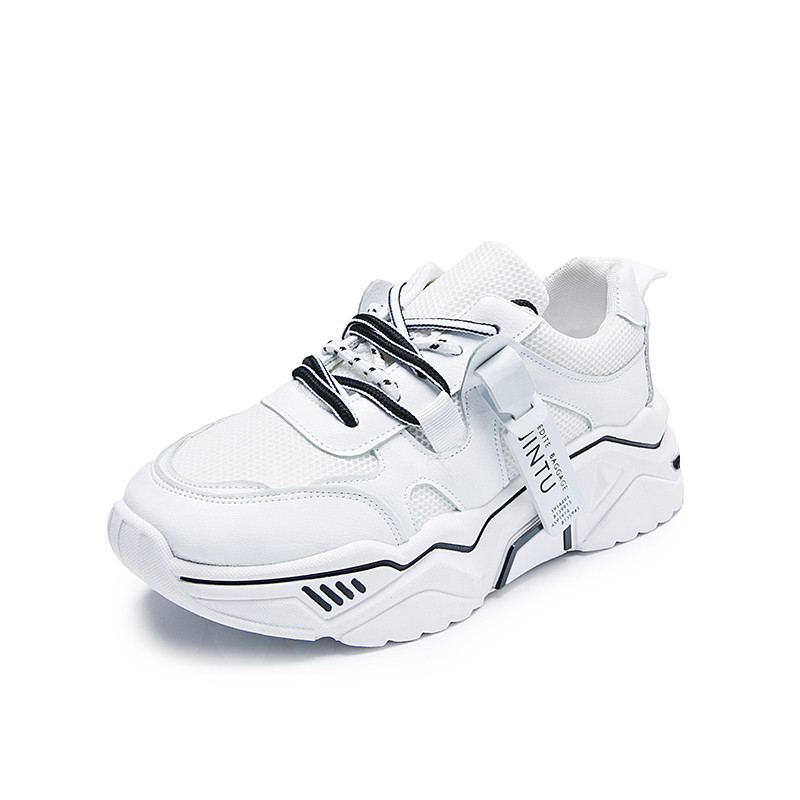 Chunky sneakers kvinder blandede farver patchwork tykke såler kvinder fritidssko åndbar mesh platform sneakers med snøre: Hvid / 39