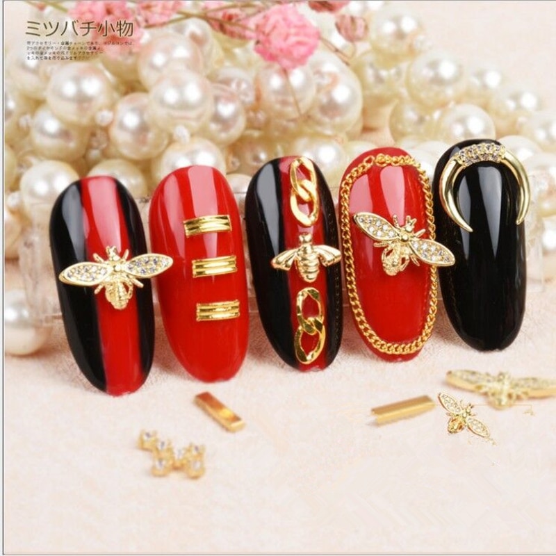 5pcs/10pcs Metal Alloy Bee 3D Nail Art Decorations Gold Silver Black Jewelry Gem Japanese Style Manicure Accessories