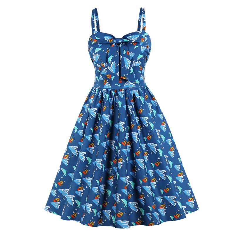Tonval flerfarvet print sløjfe foran 50s vintage højtaljede plisserede kjoler til kvinder spaghetti rem fest pinup kjole: Delfin-bomuld / Xl