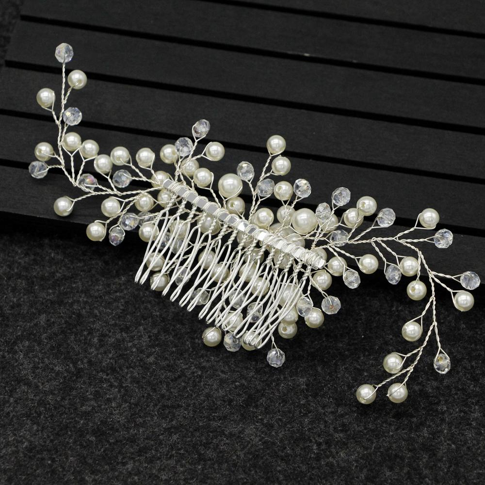 metal Leaves Pearl Mori crepe Hair combs women girls party Headwear bride headpiece: Black Gun Plated
