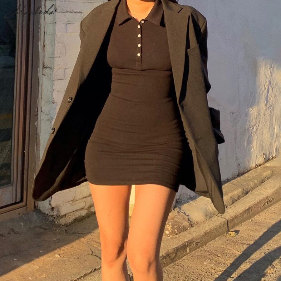 Shestyle polo krave blå kjole kvinder slim skede knap langærmet sort mini solid kjole dame outfit forår